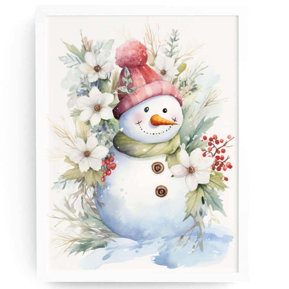 Watercolor Snowman Christmas Theme Wall Art Illustration Print Unframed